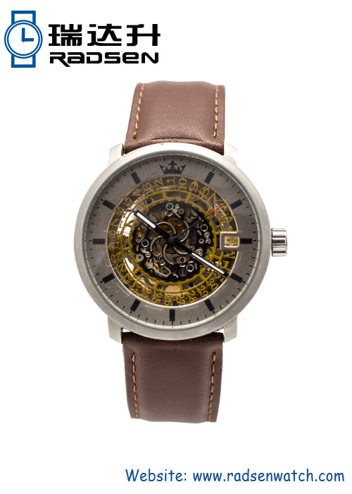 Mens Automatic Watches Skeleton Mechanical with Brown Leather Strap